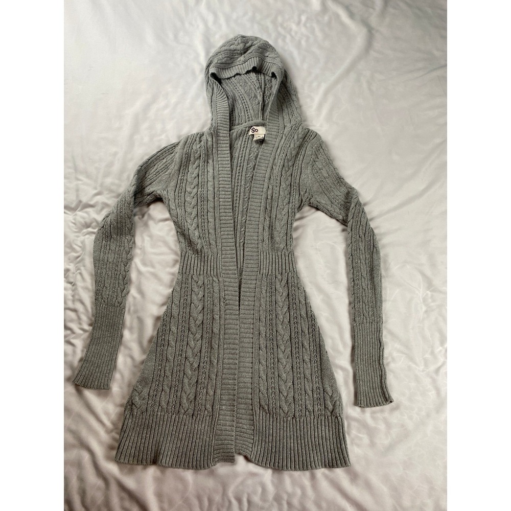 SO Gray Cable Knit Hooded Duster Cardigan Open Front Long Sweater Womens XS